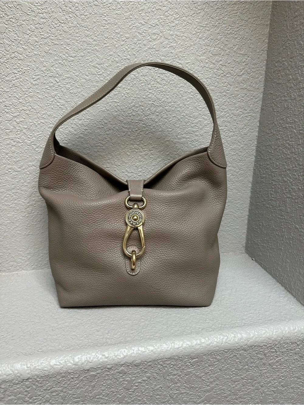 Taupe Leather Hobo Bag with Gold Hardware
